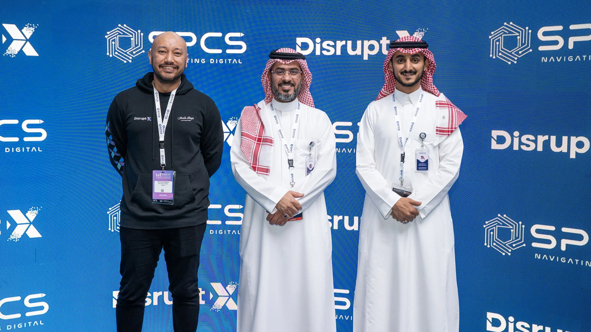 Alhamede Abdelgadir, Chief Product Officer of Disrupt-X (left), with Mohammad AlBadrani, Chief Digital Officer, and Saad AlQahtani, GM of Digital Products at SPCS.